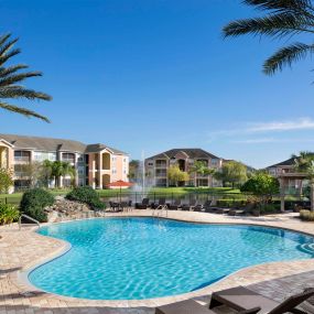 Pool with sundeck surrounded by beautiful palm trees