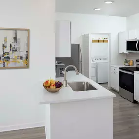 Modern style kitchen with quartz countertops, stainless steel appliances, and wood-look flooring throughout at Camden Royal Palms apartments in Brandon, FL