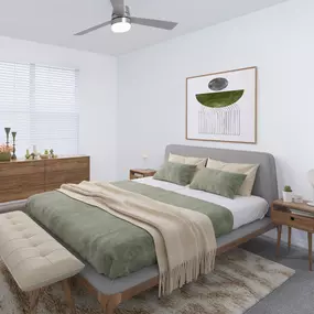 Bedroom with lighted ceiling fan at Camden Royal Palms apartments in Tampa, FL