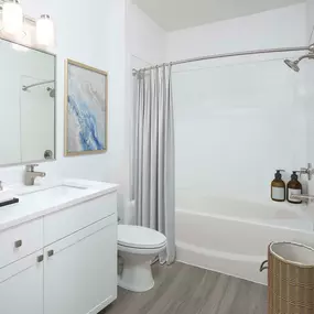 Modern style bathroom with wood-look flooring and quartz countertops at Camden Royal Palms apartments in Brandon, FL