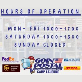 Goin’ Postal of Camp Lejeune is excited to announce a return to Saturday hours. Beginning Saturday April 13th we will be open from 1000-1300 on Saturdays. Our Monday - Friday hours will be 1000-1700. We look forward to better serving our great Camp Lejeune patrons with these hours.