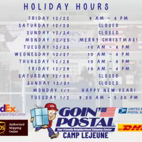 Hey Camp Lejeune, here are our holiday hours beginning December 23rd through the New Year.