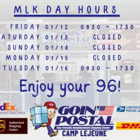 We will be closed for MLK Day on Jan 15. We will reopen for normal hours on Jan 16. Enjoy your 96.