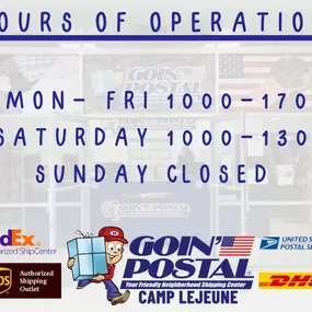 Goin’ Postal of Camp Lejeune is excited to announce a return to Saturday hours. Beginning Saturday April 13th we will be open from 1000-1300 on Saturdays. Our Monday - Friday hours will be 1000-1700. We look forward to better serving our great Camp Lejeune patrons with these hours.