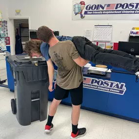 Caleb might not be suitable for the shred bin…but all your personal and sensitive documents are perfect for it. Goin’ Postal of Camp Lejeune now offers SHREDDING services. Drop off for guaranteed destruction and peace of mind. And tell Caleb you’re happy he doesn’t fit in the bin.