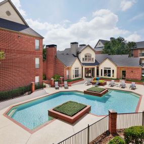 Pool view from balcony at Camden Stonebridge Apartments in Houston, TX