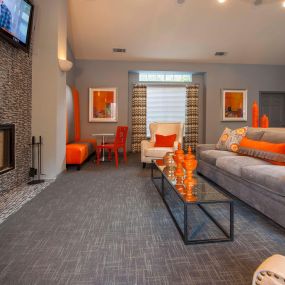 Social entertaining area with wifi and fireplace at Camden Stonebridge Apartments in Houston, TX