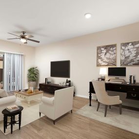 Open concept home office living room with ceiling fan and patio