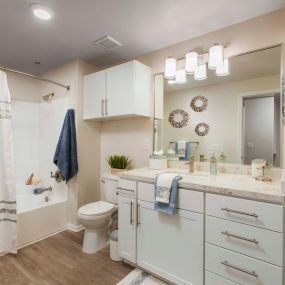 Bathroom white quartz countertops and large rainfall showerhead