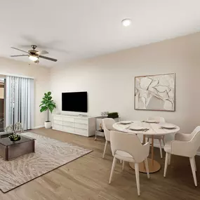 Open concept dining and living room with ceiling fan wood style flooring and patio