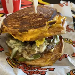 Close up of a breakfast burger at Taystee's Burgers in Dearborn