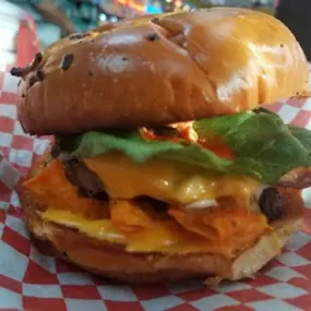 Close up of the Cool Ranch Supreme burger at Taystee's in Dearborn