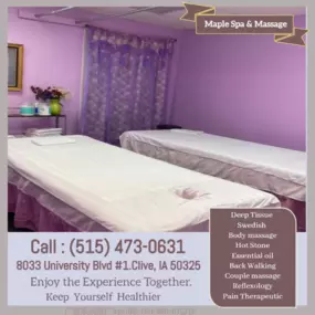 Whether it's stress, physical recovery, or a long day at work, Maple Spa & Massage
 has helped many clients relax in the comfort of our quiet & comfortable rooms with calming music.