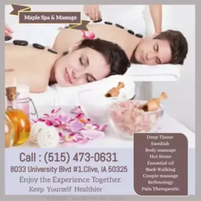 What better way to give that gift than share that gift in our inviting Couples Massage Rooms.  
It s what you've come to expect from a Massage but in a larger room, with 2 of our Signature Tables 
with 2 Therapists, one working on each of you.  Our Therapists will work on each individual person 
to accommodate their specific needs and will orchestrate your Couples experience to ensure 
you are both relaxed and rejuvenated.