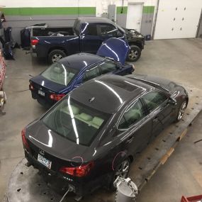 Vehicles in the shop at Advanced Collision Repair are repaired carefully