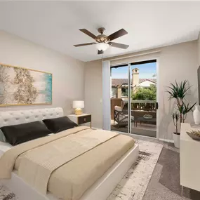 Main bedroom with patio and ceiling fan