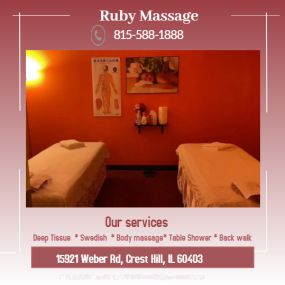 Ruby Massage is the place where you can have tranquility, absolute unwinding and restoration of your mind, 
soul, and body. We provide to YOU an amazing relaxation massage along with therapeutic sessions 
that realigns and mitigates your body with a light to medium touch utilizing smoother strokes.