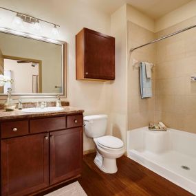 Neighborhood two bathroom with walk in shower chestnut cabinets and wood look flooring