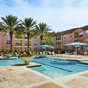 Resort style pool surrounded by palm trees