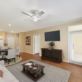 Neighborhood one living and dining room with access to private patio white crown molding and ceiling fan