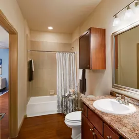 Neighborhood two bathroom with garden bathtub with tile surround wood look flooring and dark cabinets