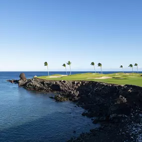 Golf course fairway beside black lava rock shoreline.