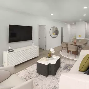 The contemporary-style living room features recessed lighting, spacious open space, and access to a private balcony at Camden Westwood apartments in Morrisville, NC