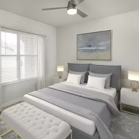 Bedroom with lighted ceiling fan at Camden Westwood apartments in Morrisville, NC