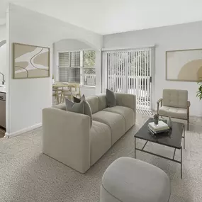 Open-concept living and dining room with private balcony at Camden Westwood apartments in Morrisville, NC
