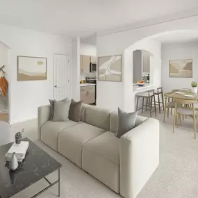 Open-concept living and dining room at Camden Westwood apartments in Morrisville, NC