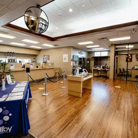 Interior lobby of federal credit union with finance professionals