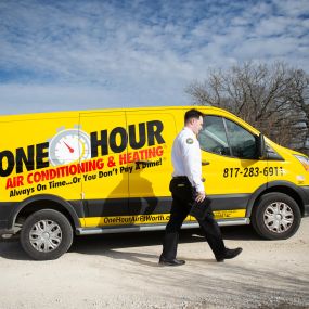 The One Hour heating and AC repair company  service vehicle reading for service calls all over the Dallas, TX area.