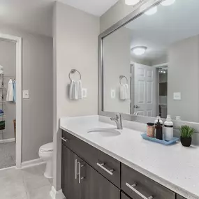 Bathroom with double sink vanity, framed mirror, and walk-in closet