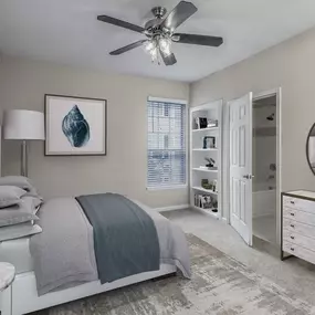 Bedroom with built in bookshelf