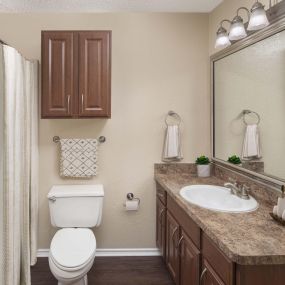 Bathroom with spacious countertop, cabinet storage and bathtub at Camden Cimarron