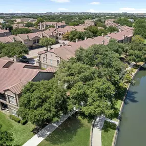 Aerial view of the canal bordering Camden Cimarron apartments in Irving, TX