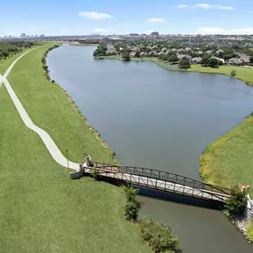 Aerial view of the canals and trails near Camden Cimarron apartments in Irving, TX