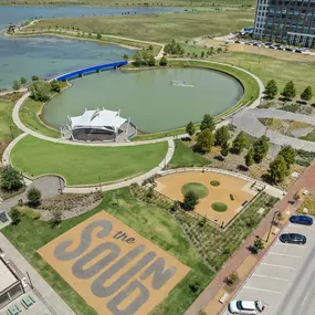 Aerial view of The Sound at Cypress Waters near Camden Cimarron apartments in Irving, TX