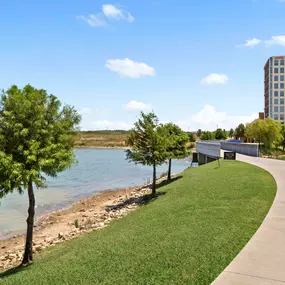 Lakeside walking path at Cypress Waters near Camden Cimarron apartments in Irving, TX