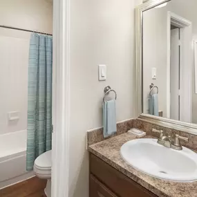 Bathroom with vanity and framed mirrors