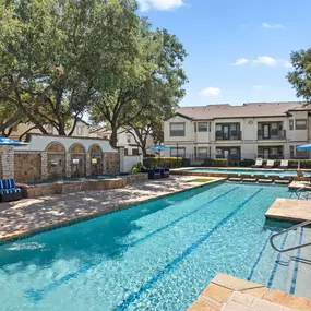 Resort-style pool with swim lanes at Camden Legacy Park apartments in Plano, TX