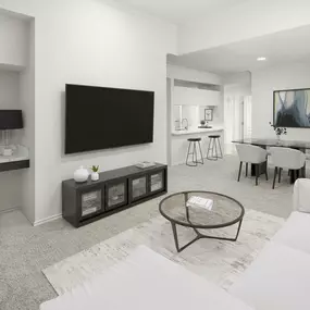 Open concept living and dining room with carpet, high ceilings, and built-in desk at Camden Legacy Park apartments in Plano, TX