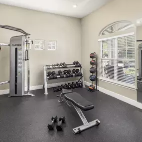 Fitness center comes equipped with free weights and space for core training.