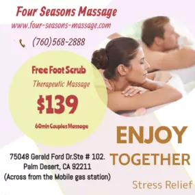 A couple's massage is just like any other massage service, 
but you and your partner receive the massage at the same time, 
on separate tables, and by two different massage therapists. 
The massage is generally offered in a private room on side-by-side massage tables.