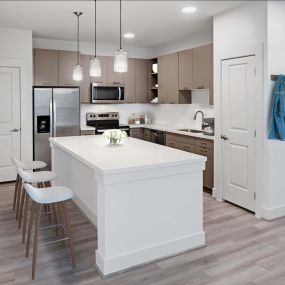 Contemporary interiors kitchen with large islands, white quartz countertops and mocha cabinets