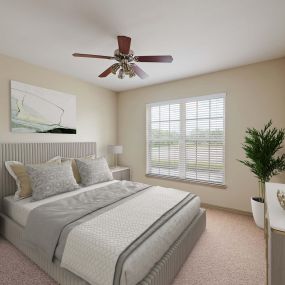 Traditional Style spacious bedroom with ceiling fan and high ceilings