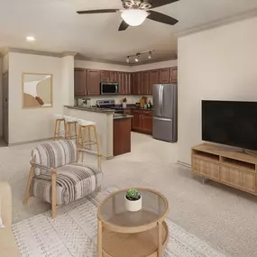 Open- concept living room at Camden Cypress Creek Apartments in Cypress, Tx