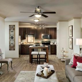 Kitchen and Living Room with Wood-Look Flooring and Ceiling Fan