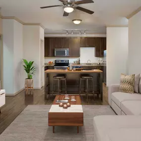 Spacious kitchen with wood-look flooring and room for dining table