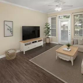 First-floor apartment home with wood-style floors at Camden Buckingham apartments in Richardson, Tx